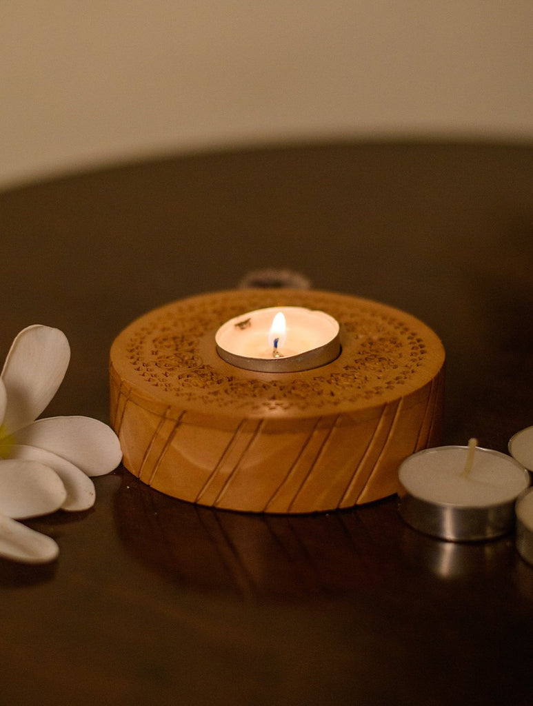 The India Craft House Wooden Jaali Tealight Holder - Circular