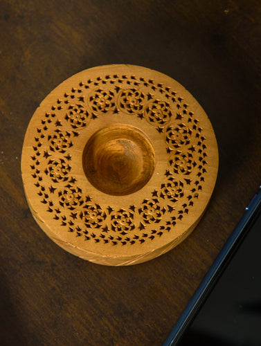 The India Craft House Wooden Jaali Tealight Holder - Circular