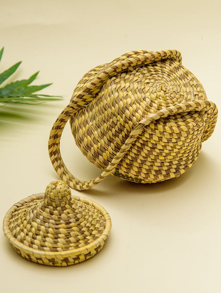 The India Craft Khajur & Sabai Grass Handmade Utility Basket with Lid