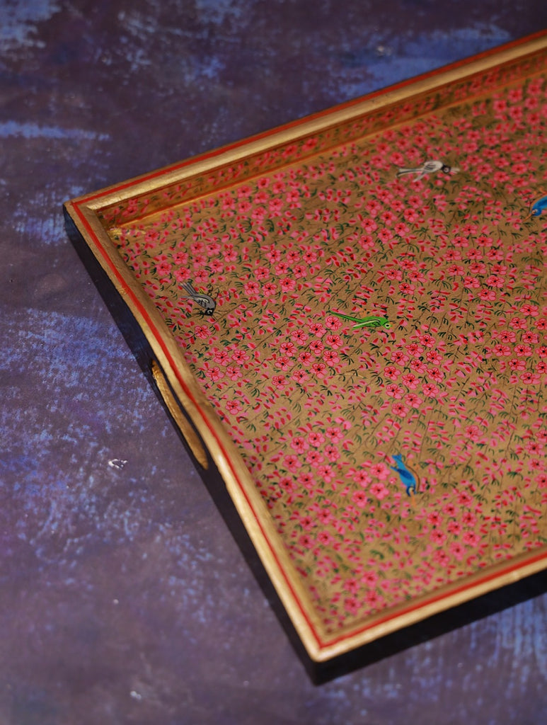 The Shahi Collection. Exclusive Kashmiri Art Large Tray - Pink Blossoms