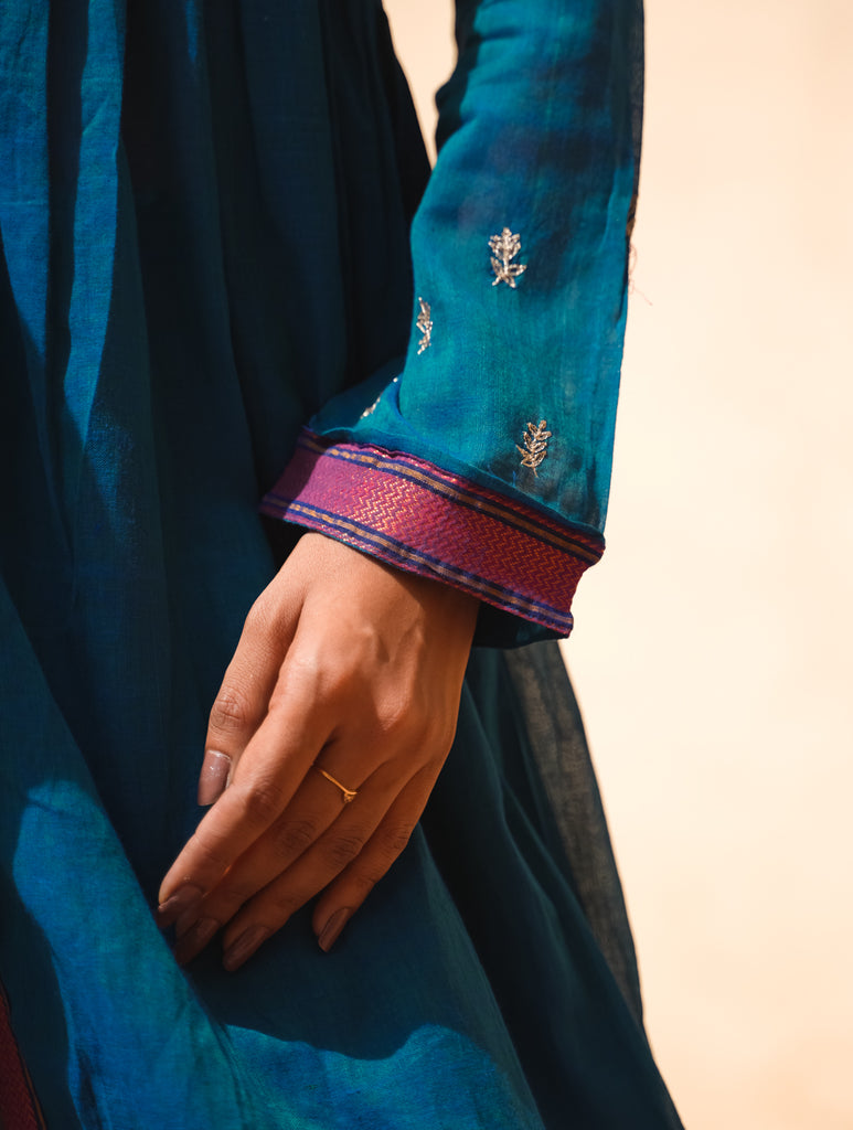 Traditional Elegance. Hand Embroidered Ilkal & Zardozi Ethnic Set (Set of 3) - Deep Peacock Blue