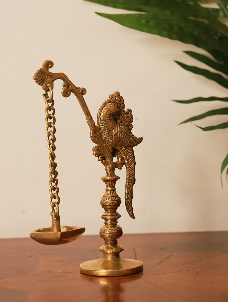 Traditional Brass Oil Lamp - Peacock & Chain
