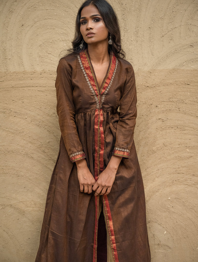 Traditional Elegance. Hand Embroidered Ilkal & Zardozi Ethnic Kurta / Dress - Brown Statement