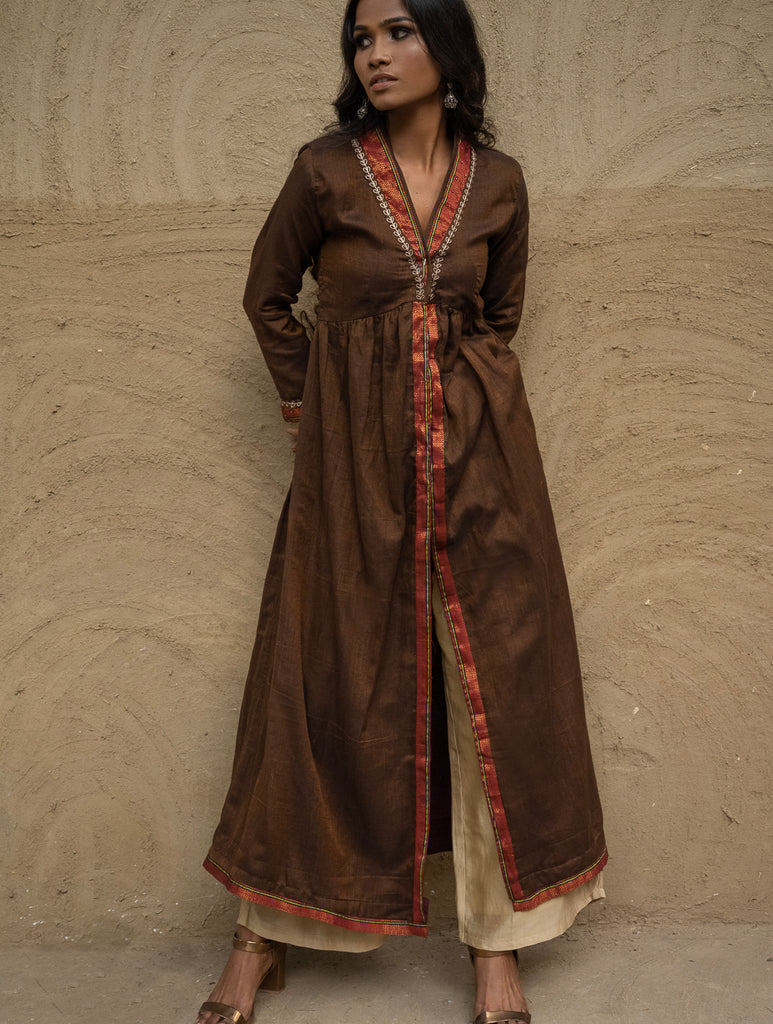 Traditional Elegance. Hand Embroidered Ilkal & Zardozi Ethnic Kurta / Dress - Brown Statement