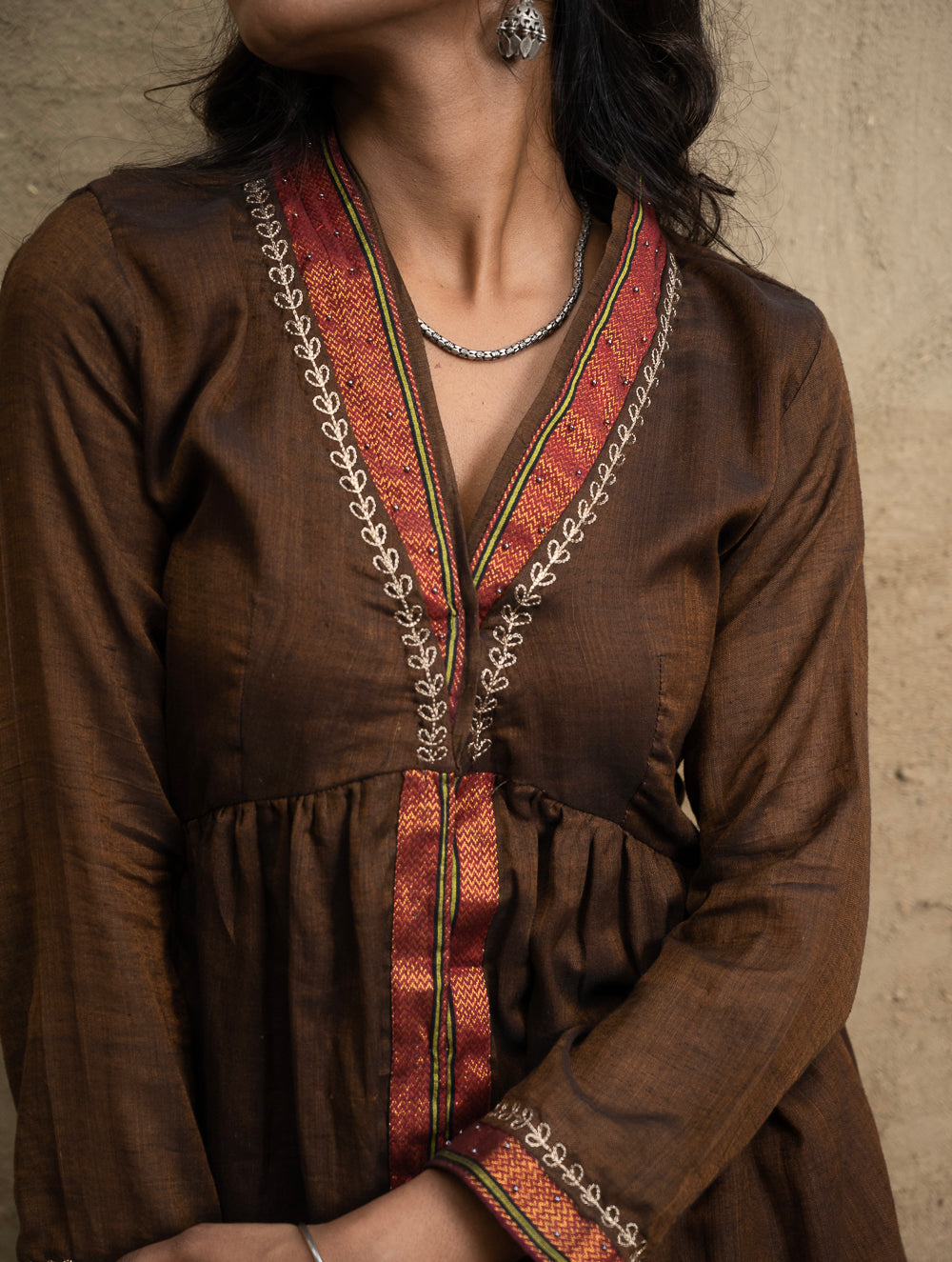 Load image into Gallery viewer, Traditional Elegance. Hand Embroidered Ilkal &amp; Zardozi Ethnic Kurta / Dress - Brown Statement
