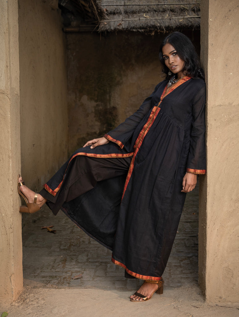 Traditional Elegance. Hand Embroidered Ilkal & Zardozi Ethnic  Kurta / Dress - Regal Black 