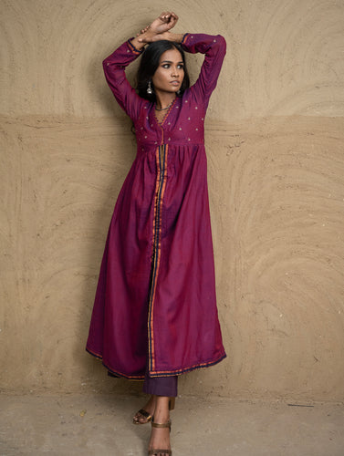 Traditional Elegance. Hand Embroidered Ilkal & Zardozi Ethnic  Kurta / Dress - Regal Plum