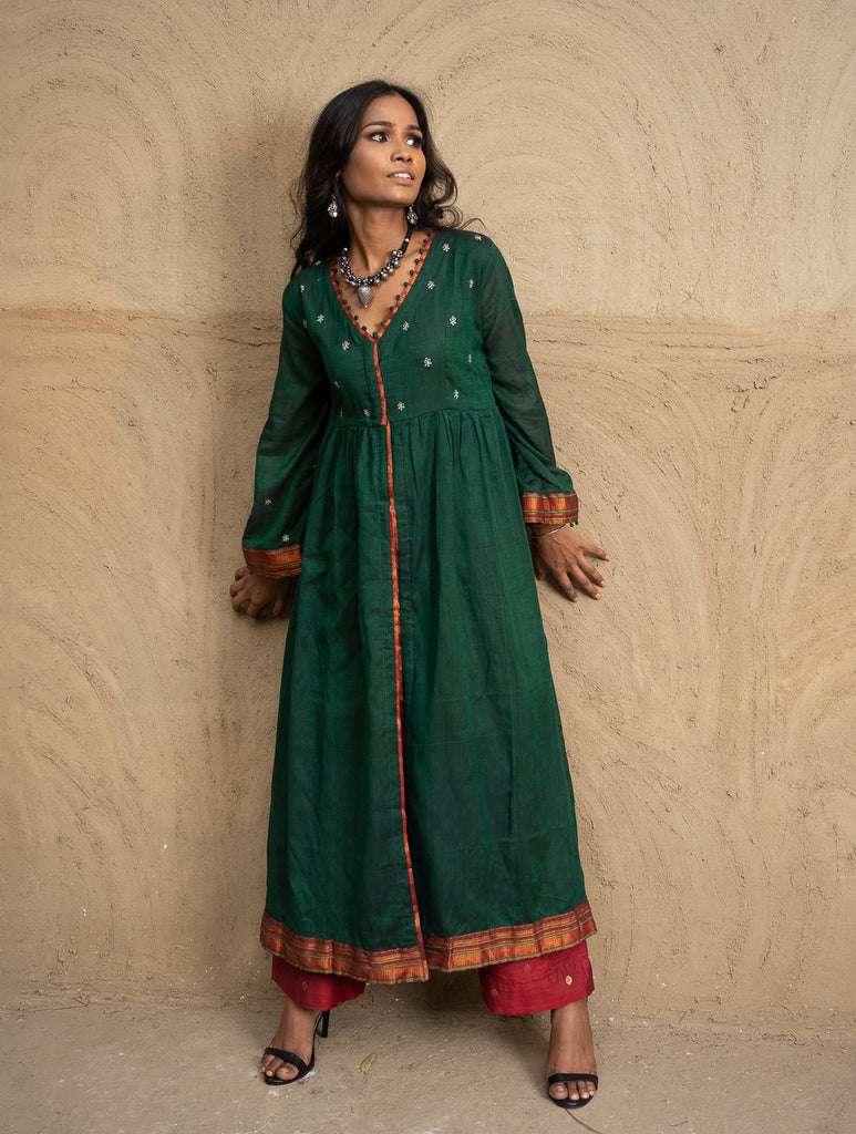 Traditional Elegance. Hand Embroidered Ilkal & Zardozi Ethnic  Kurta / Dress - Royal Emerald