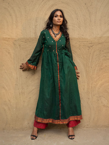 Traditional Elegance. Hand Embroidered Ilkal & Zardozi Ethnic  Kurta / Dress - Royal Emerald
