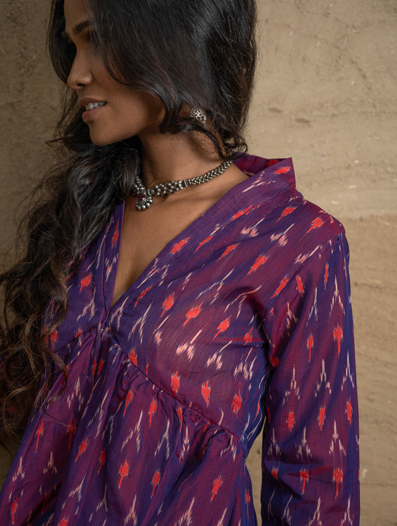 Traditional Elegance. Hand Woven Ikat Ethnic  Kurta / Dress - Purple 