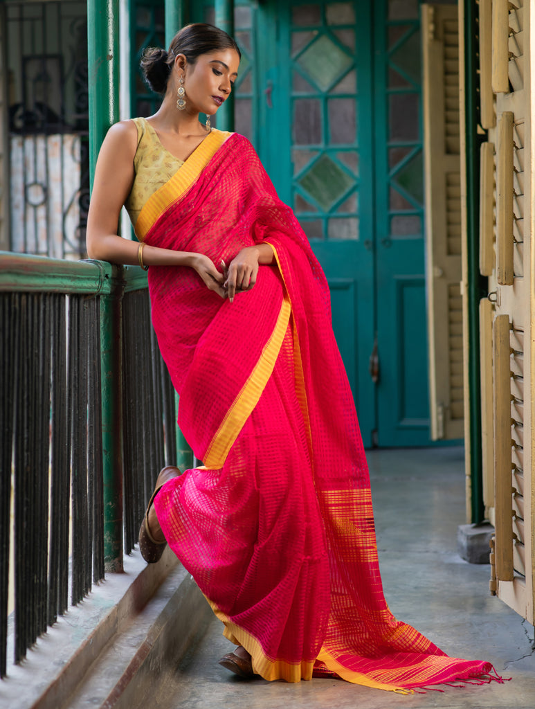 Vibrant Weaves. Handwoven Bengal Cotton Silk Saree - Pink Checks