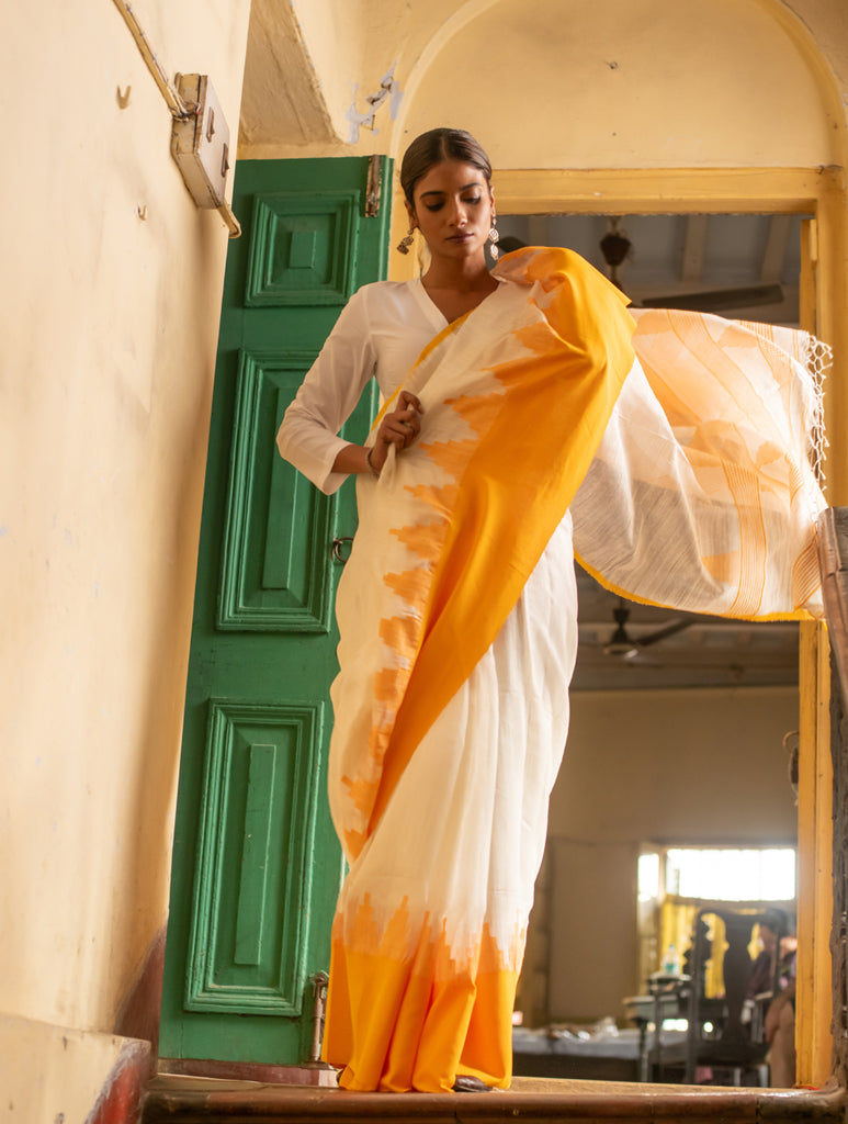 Vibrant Weaves. Handwoven Bengal Resham Matka Silk Saree - Sunshine