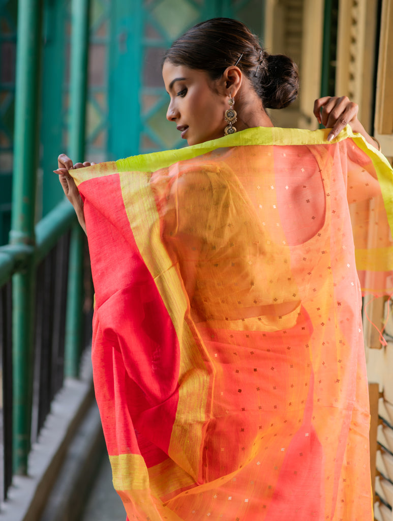 Vibrant Weaves. Handwoven Bengal Resham Matka Silk Saree - Tangerine