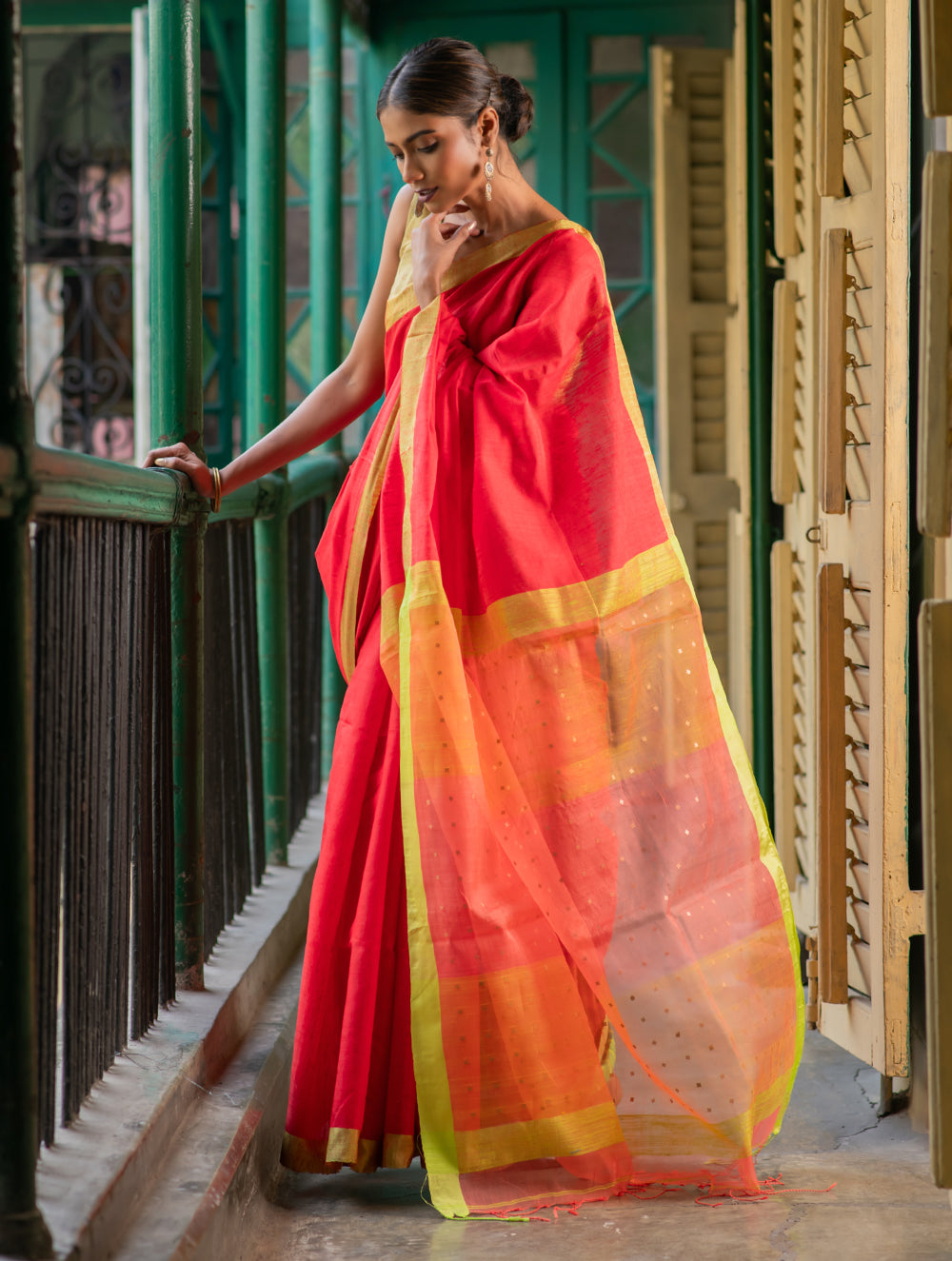 Load image into Gallery viewer, Vibrant Weaves. Handwoven Bengal Resham Matka Silk Saree - Tangerine