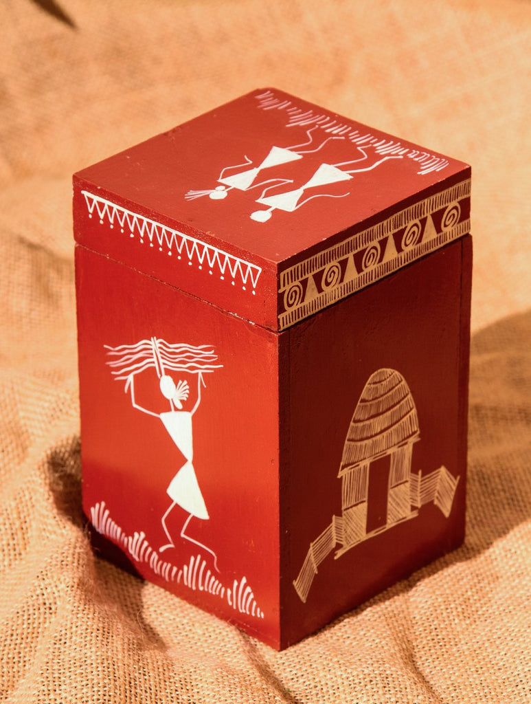 Warli Art Decorative Utility Box - Maroon