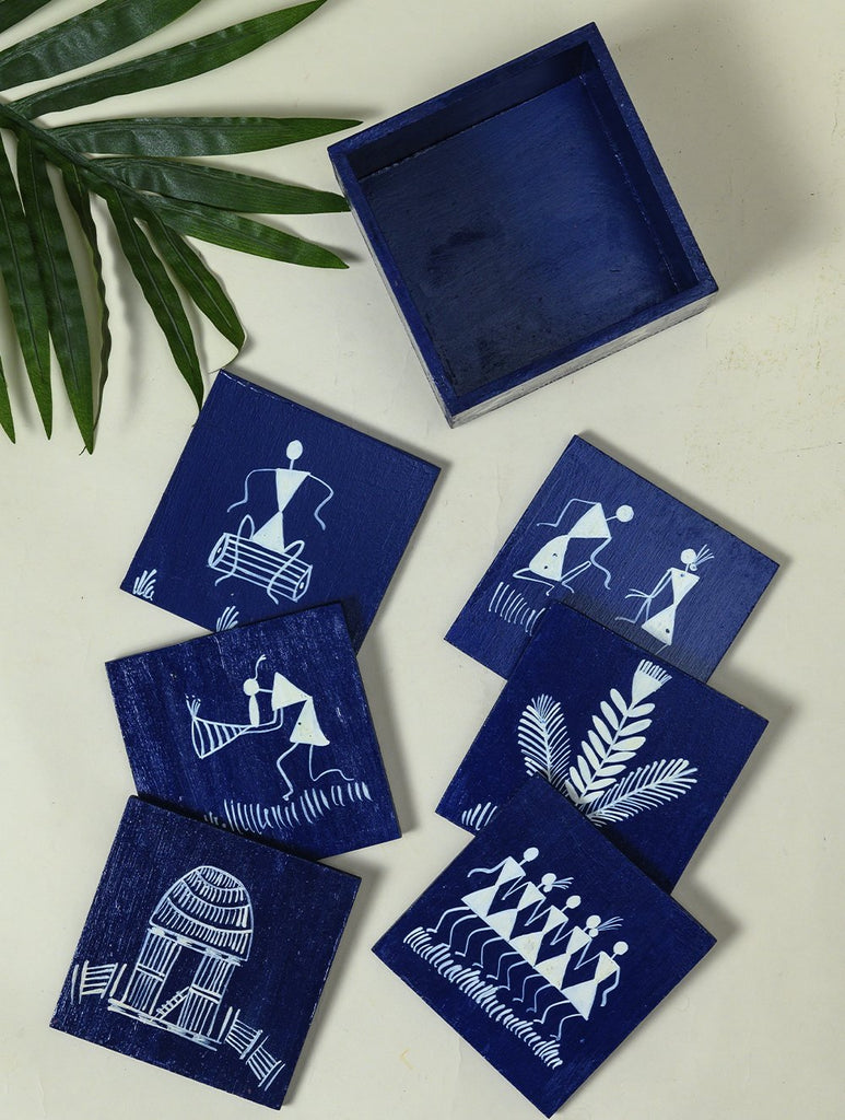 Warli Art Wooden Coaster Set with Box - Large (Set of 6) - Blue Folk Art