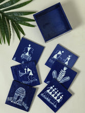 Load image into Gallery viewer, Warli Art Wooden Coaster Set with Box - Large (Set of 6) - Blue Folk Art