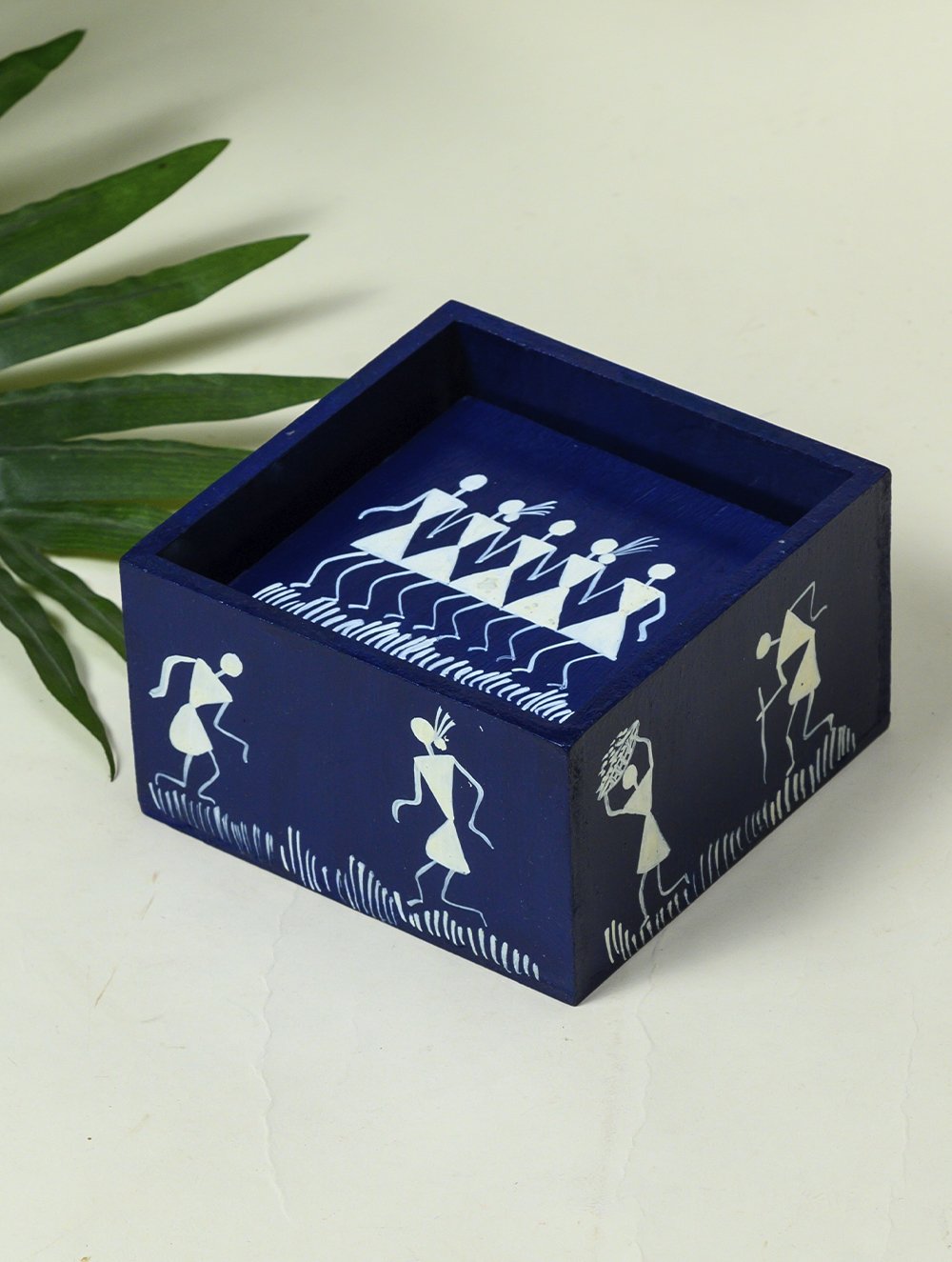 Load image into Gallery viewer, Warli Art Wooden Coaster Set with Box - Large (Set of 6) - Blue Folk Art