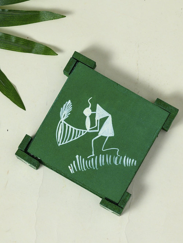 Warli Art Wooden Coaster Set with Box (Set of 6) - Green Folk Art