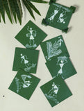 Warli Art Wooden Coaster Set with Box (Set of 6) - Green Folk Art