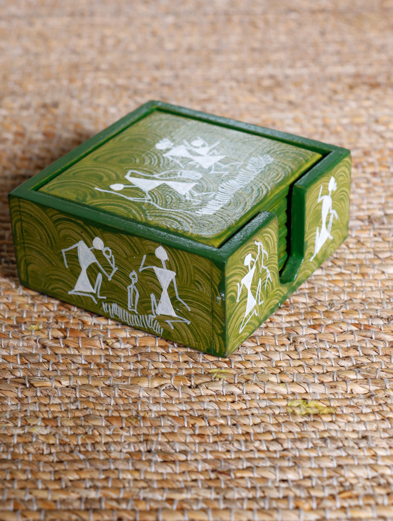 Warli Art Wooden Coaster Set with Box (Set of 7) - The India Craft House 