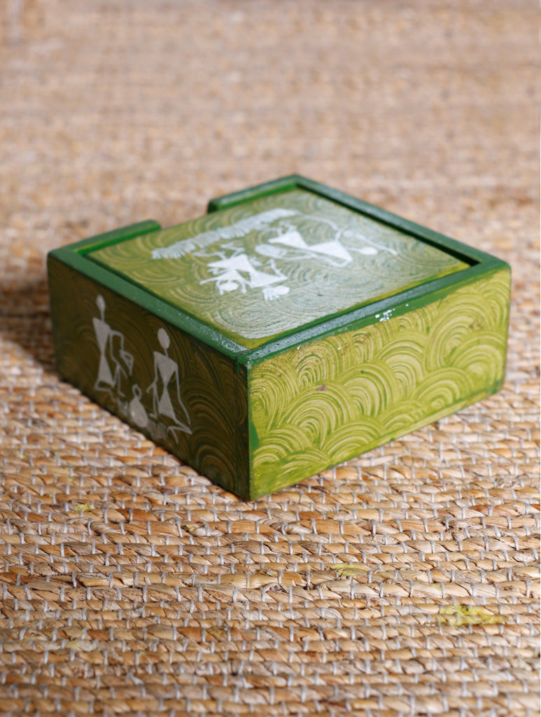 Warli Art Wooden Coaster Set with Box (Set of 7) - The India Craft House 