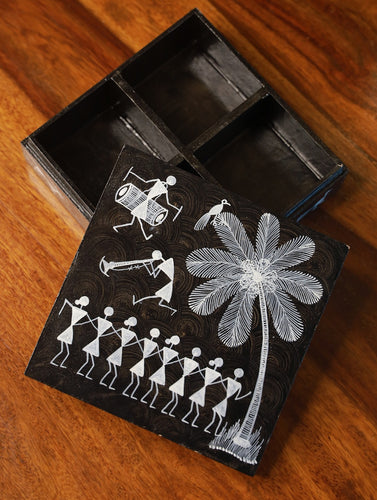 Warli Art Wooden Utility Box - Brown