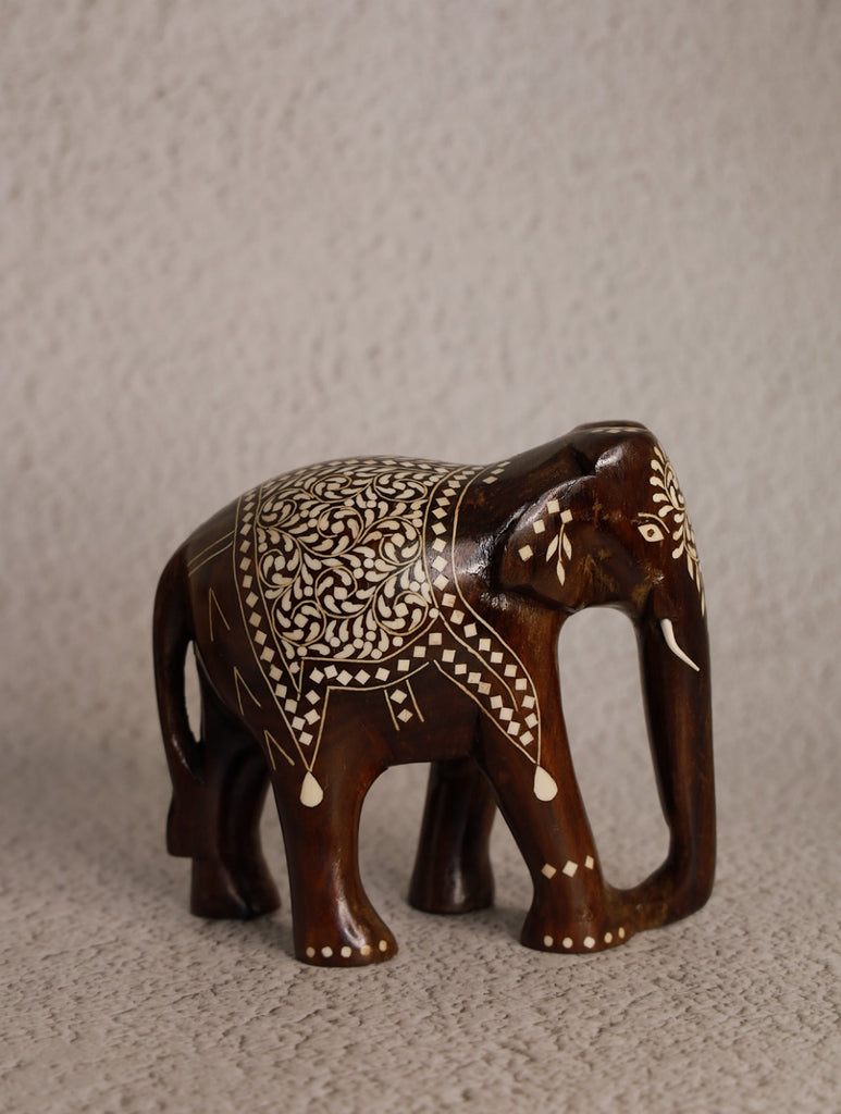 Wood Inlay Elephant Curio - Brown Ornate