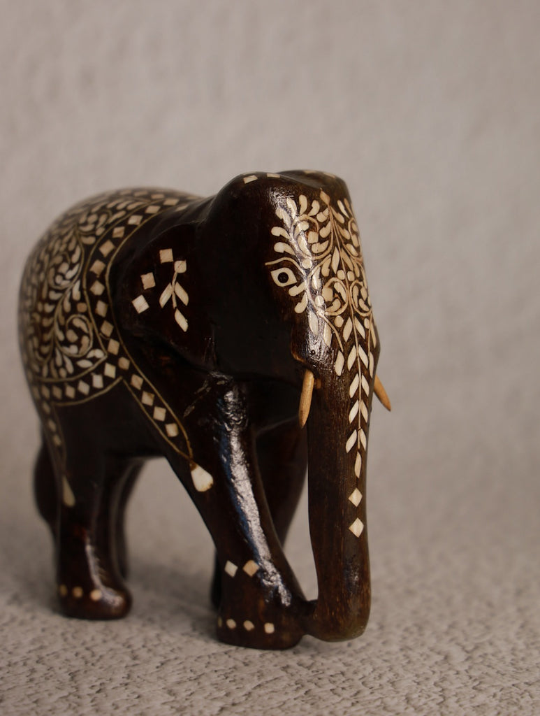 Wood Inlay Elephant Curio - Brown Ornate