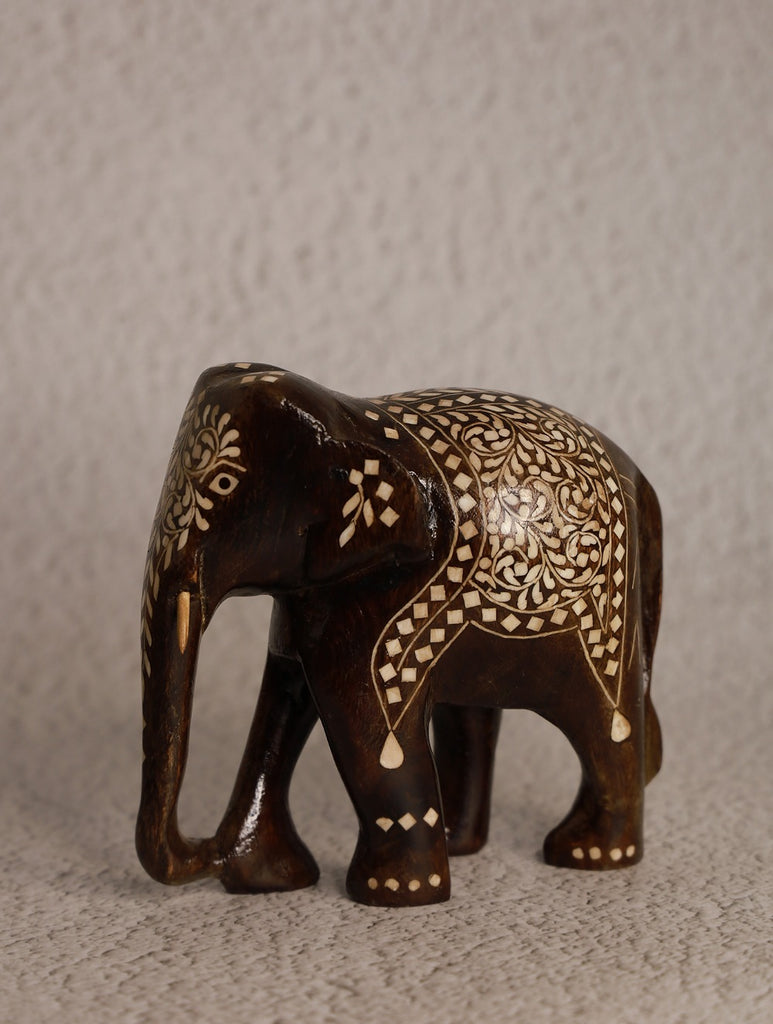 Wood Inlay Elephant Curio - Ornate Brown
