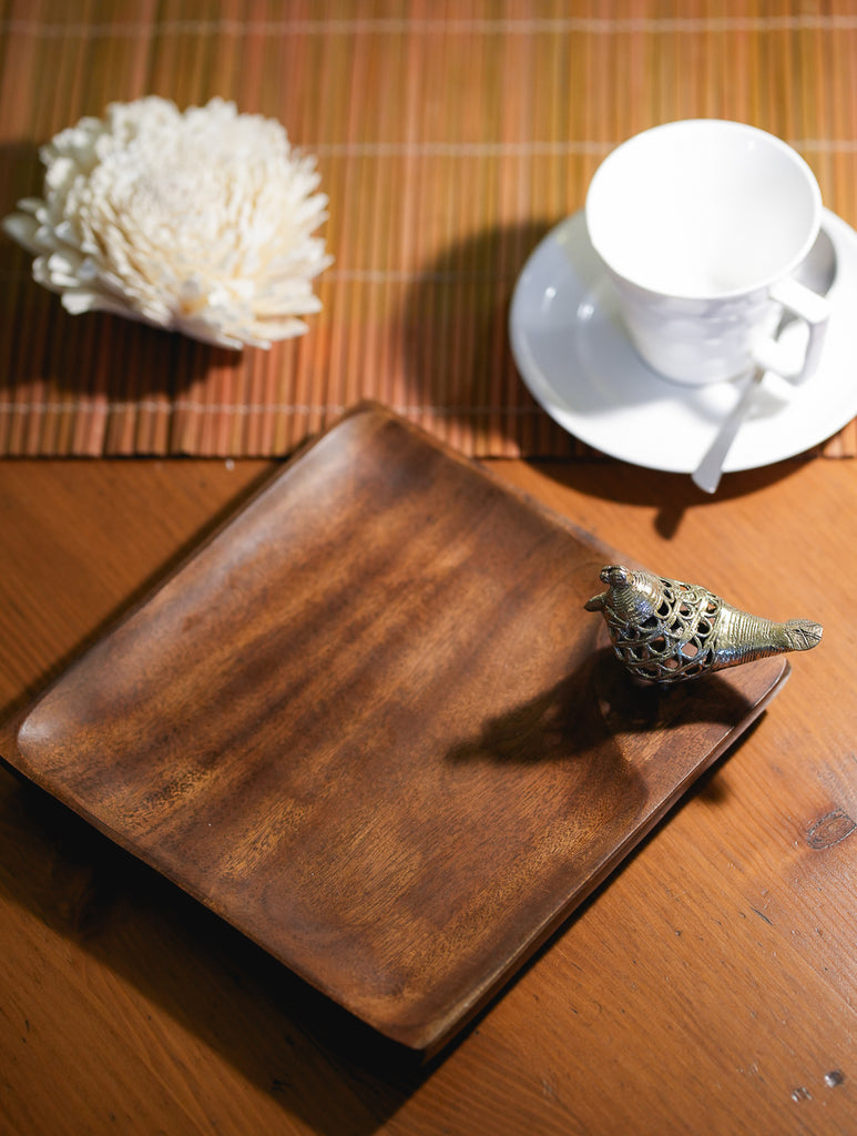 Wood & Dhokra Craft Small Platter With Dhokra Bird - Square