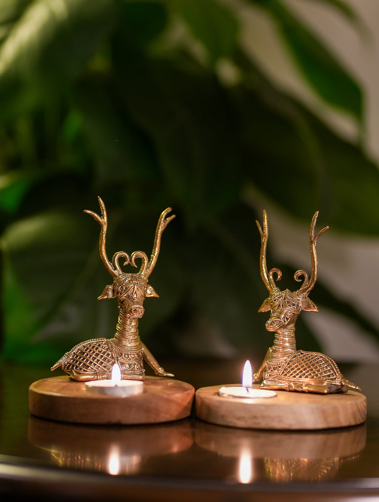 Wood & Dhokra Craft Tealight Holders (Set of 2) - The Deer