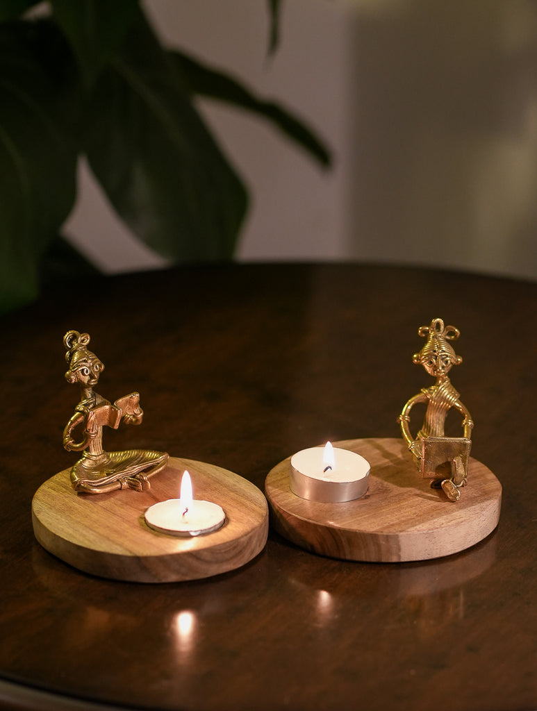Wood & Dhokra Craft Tealight Holders (Set of 2) - The Urban Women