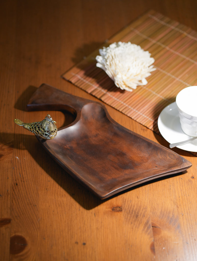 Wood & Dhokra Craft Tray / Cheese Board With Dhokra Bird - Abstract