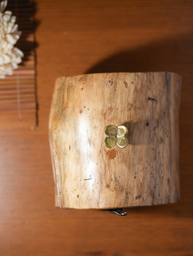 Wood & Dhokra UtilityBox with Dhokra Flower Handle - Log Box