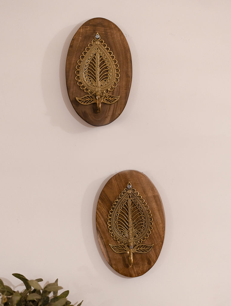 Wood & Dhokra  Wall Hanger (Set of 2) - Ornate Leaf
