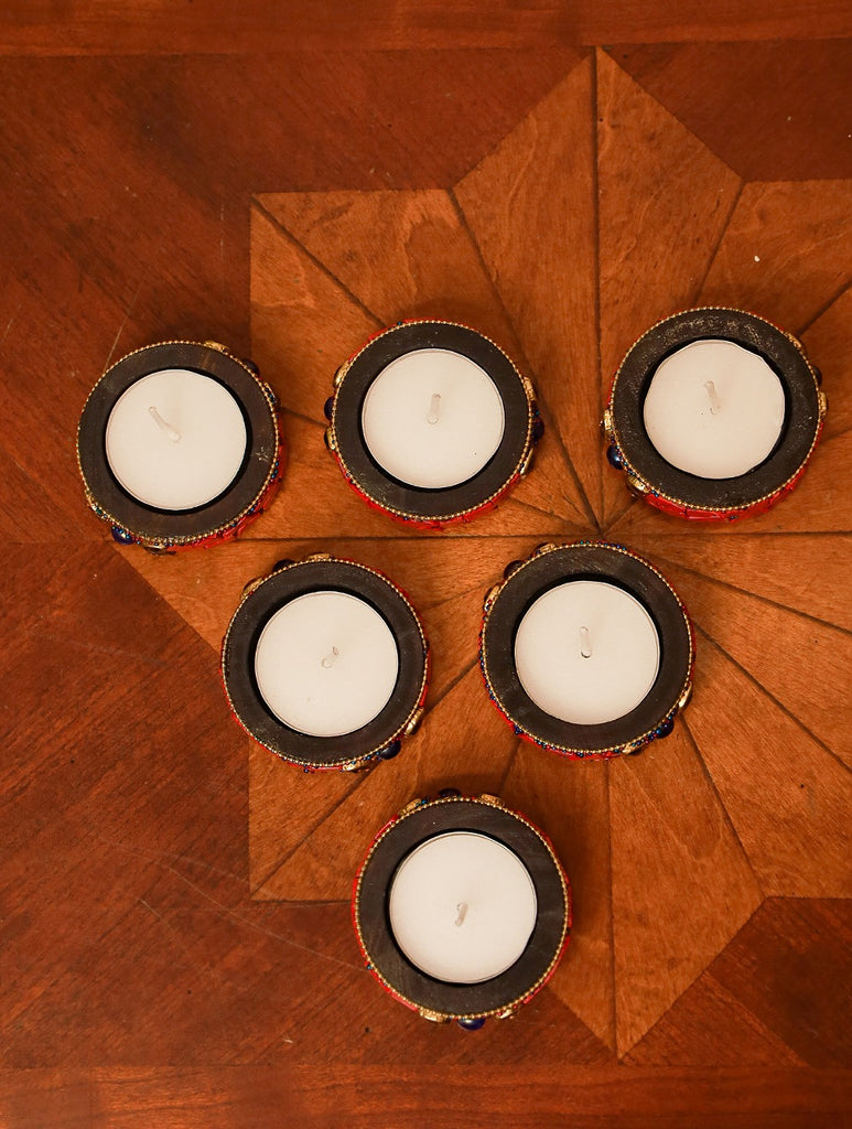 Wood & Resin Tealight Holders (Set of 6) - Red