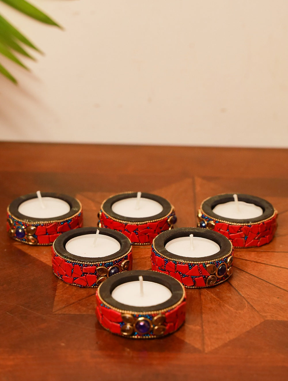 Wood & Resin Tealight Holders (Set of 6) - Red