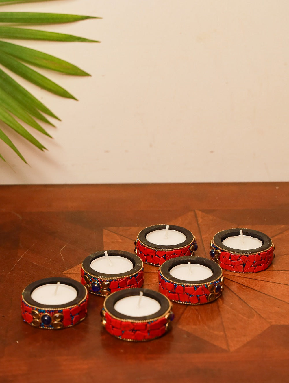 Wood & Resin Tealight Holders (Set of 6) - Red