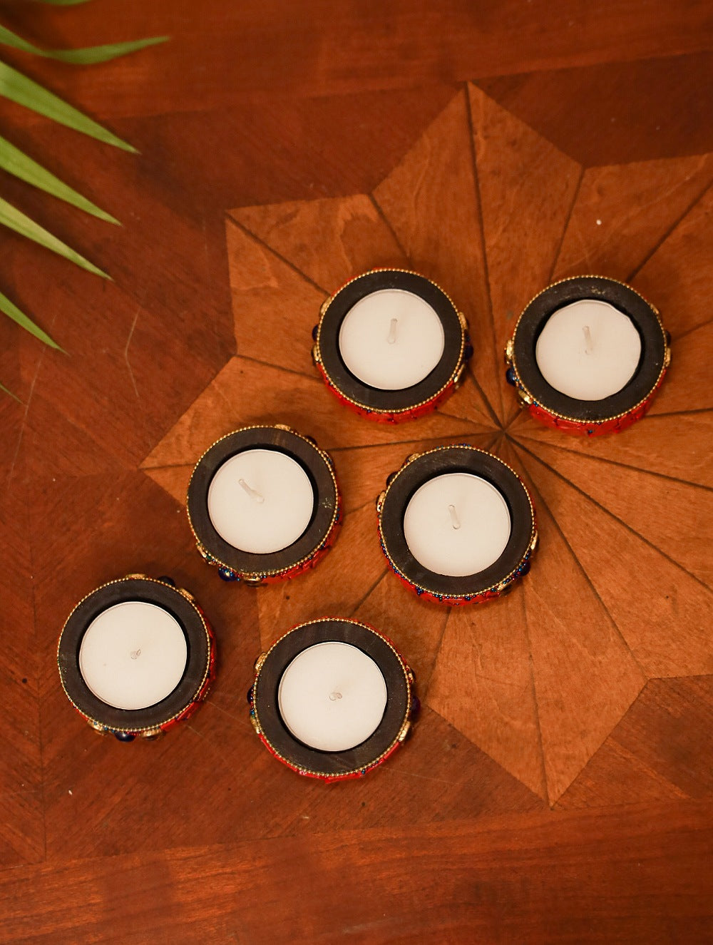 Wood & Resin Tealight Holders (Set of 6) - Red