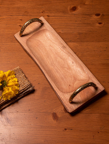 Wood & Dhokra Craft Serving Tray with Dhokra Handles - Rectangle (Slim)