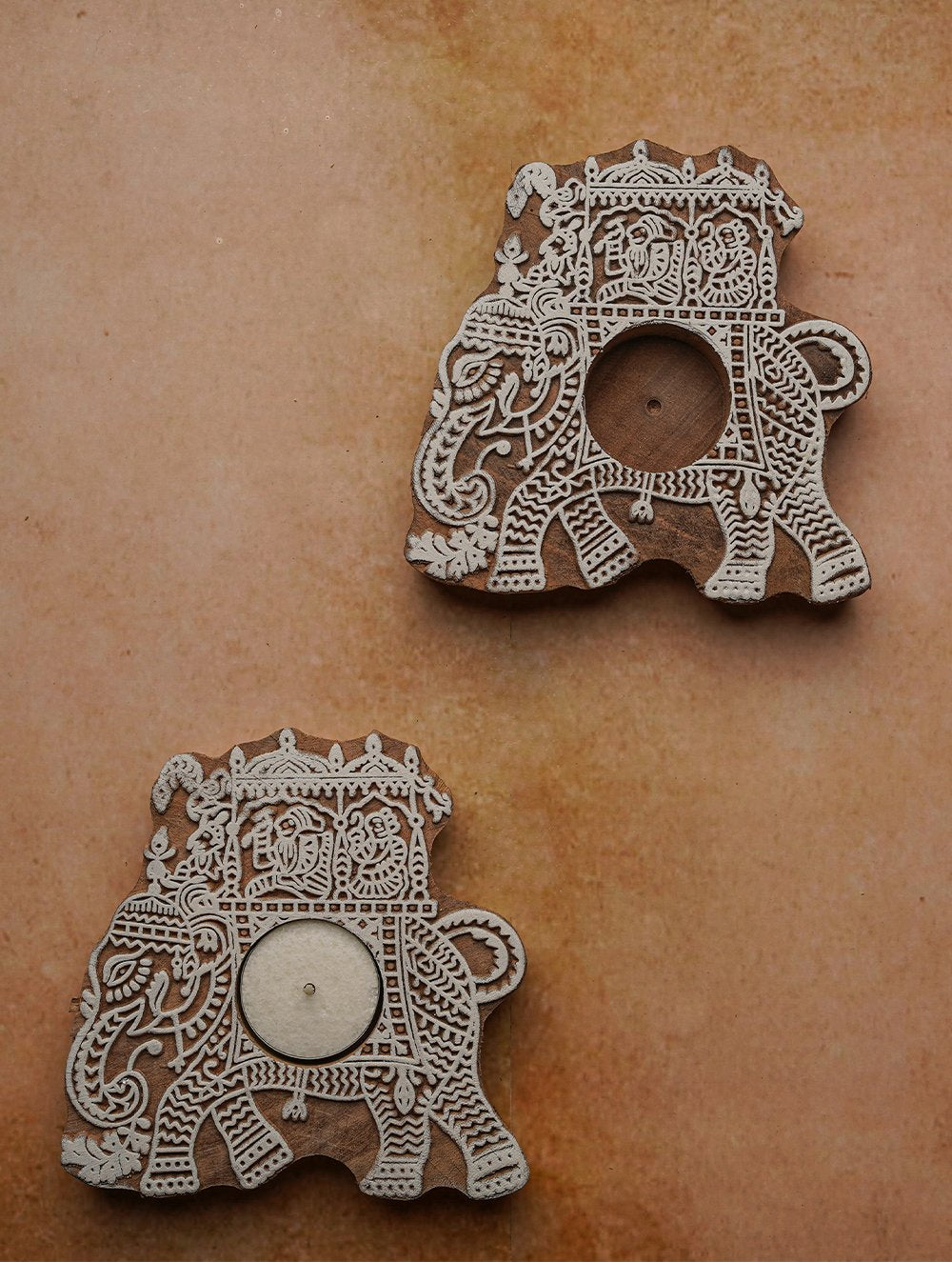 Wooden Engraved Tealight Holders - (Set of 2) Gaja