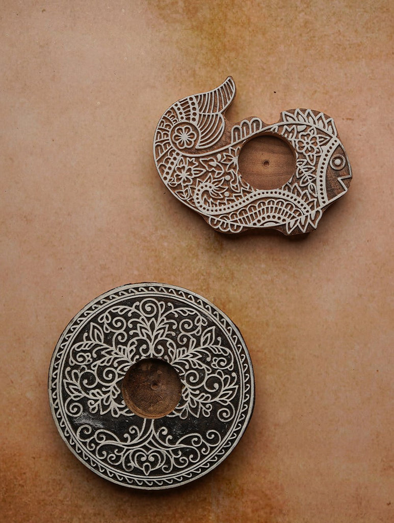 Wooden Engraved Tealight Holders - (Set of 2) Mastya and Mandala