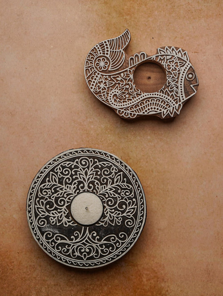 Wooden Engraved Tealight Holders - (Set of 2) Mastya and Mandala