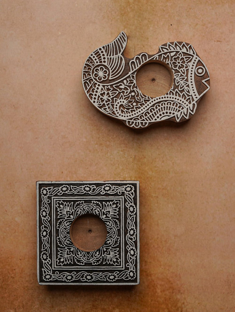 Wooden Engraved Tealight Holders - (Set of 2) Matsya and Vargakara