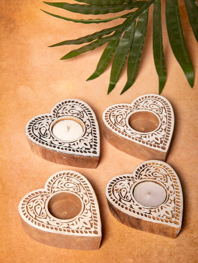 Wooden Engraved Tealight Holders (Set of 4) - Medium. Heart Shaped