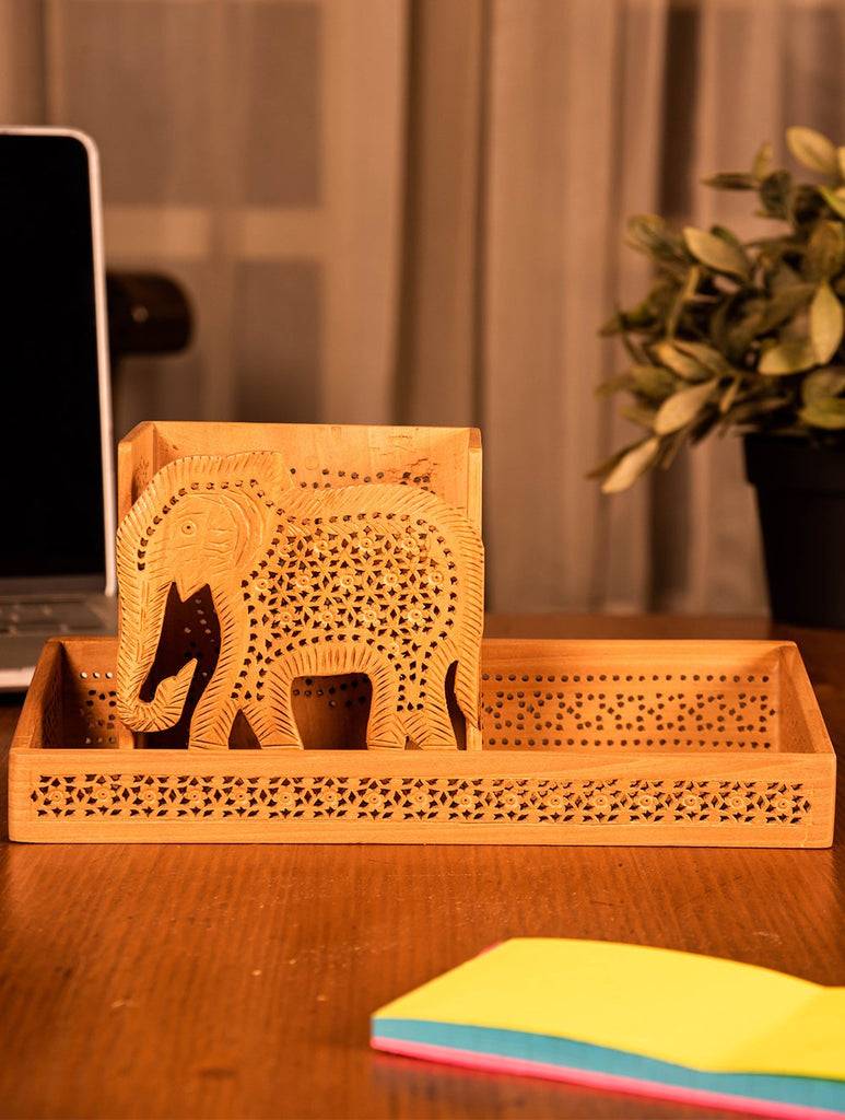 Wooden Jaali Desk Set - Elephant Pen Stand, Tray (Set of 2)