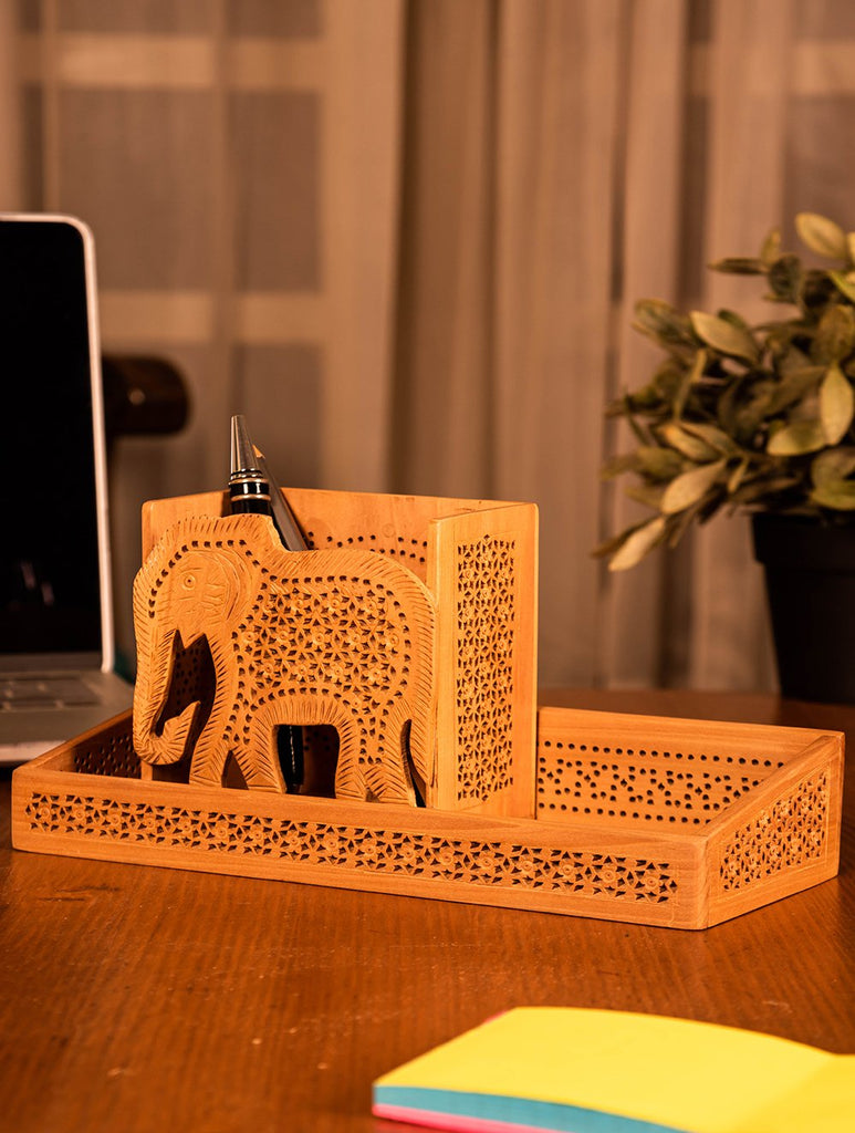 Wooden Jaali Desk Set - Elephant Pen Stand, Tray (Set of 2)