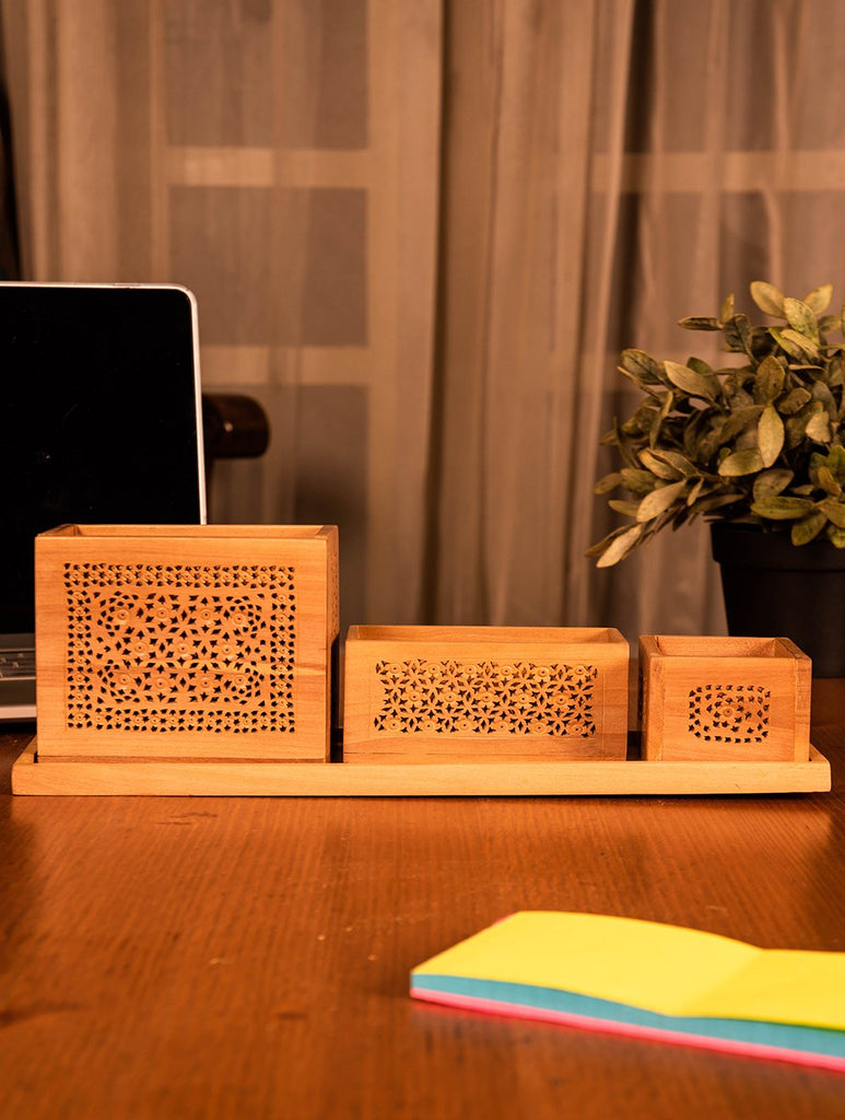 Wooden Jaali Desk Set - Pen Stand Square, Tray & Card Holder & Pin / Key Holder (Set of 4)