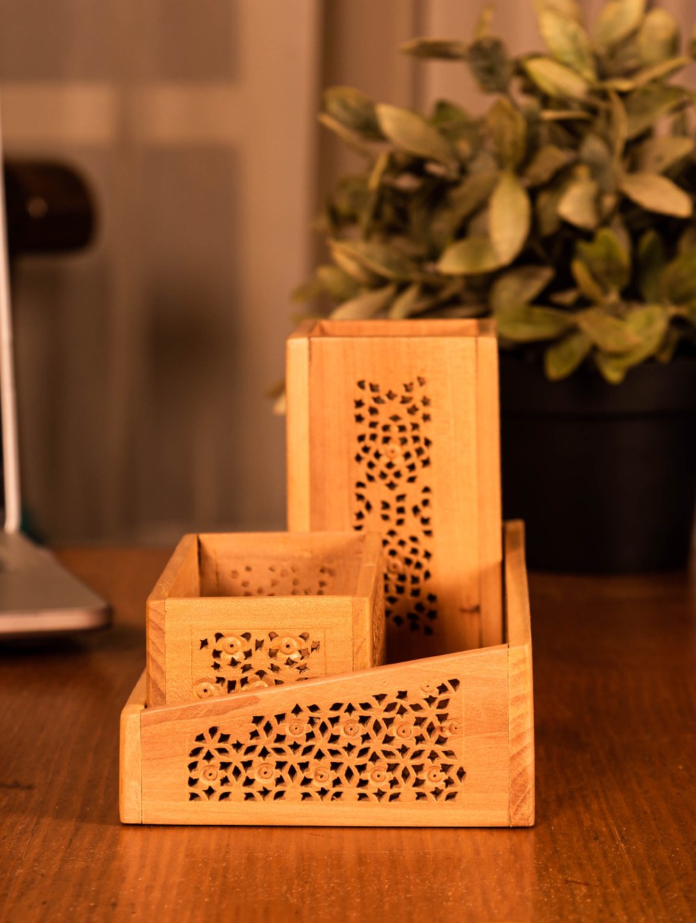 Wooden Jaali Desk Set - Pen Stand, Tray & Card Holder (Set of 3)